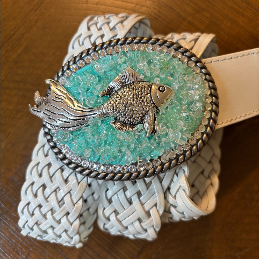 Sworovski Crystal & Blue GlassKoi Fish Belt Buckle (Wht Weave Belt Incl Sz Sm)